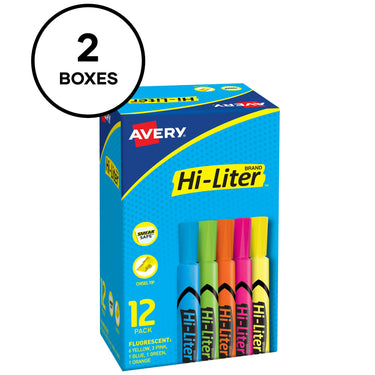 AVERY Hi-Liter Desk-Style Highlighters, Chisel Tip, 12 Highlighters, Assorted Colors, 2 Packs (25601)